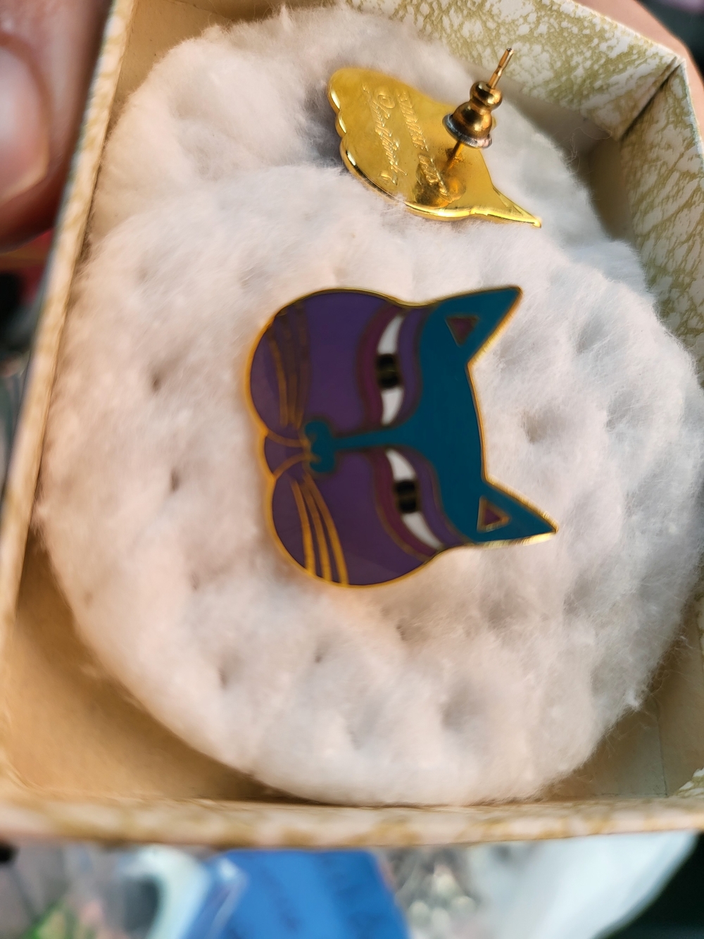Laurel Burch Vintage Teal and Purple Siamese Cat Stud Earrings Sighned